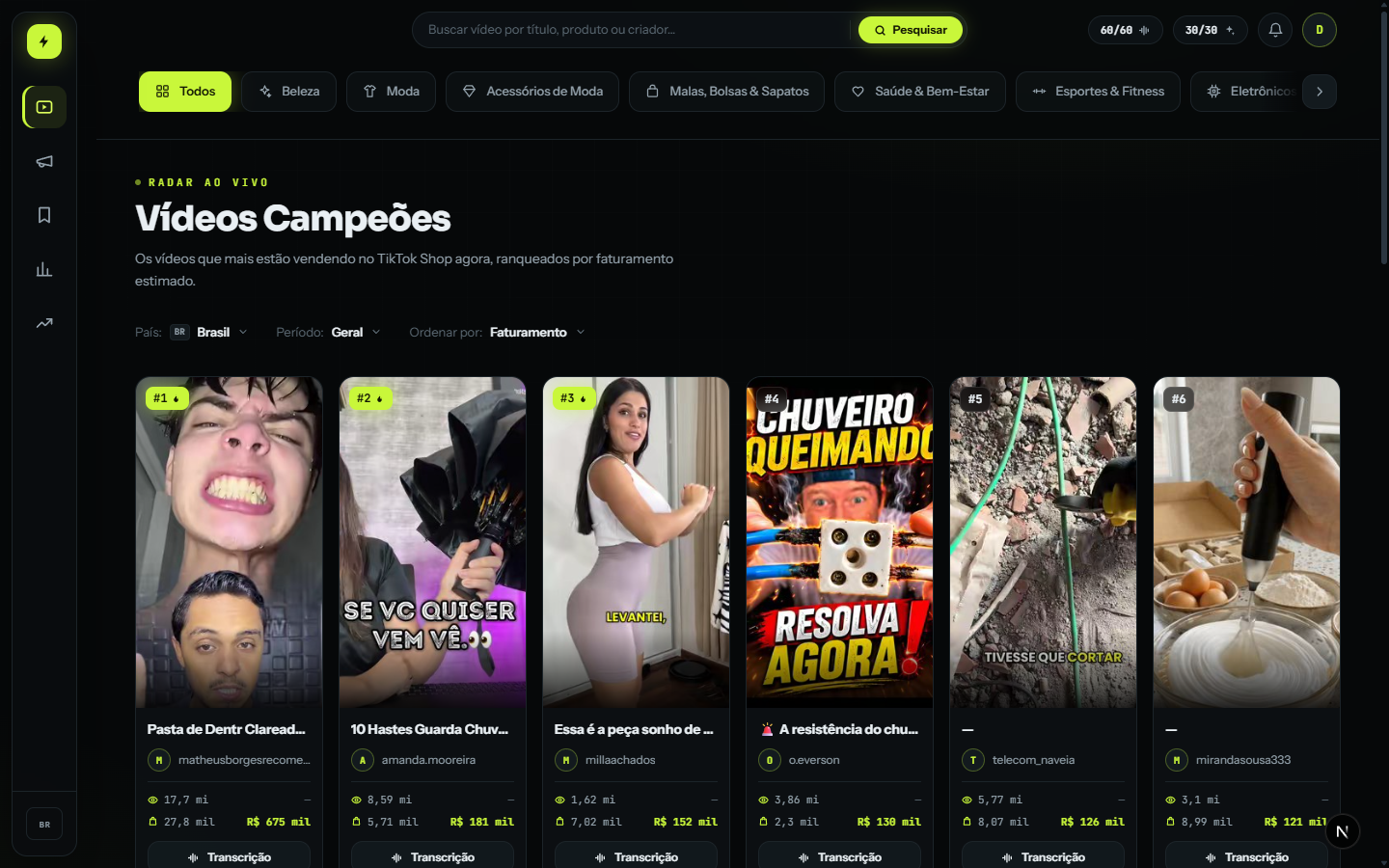 Feed de vídeos campeões