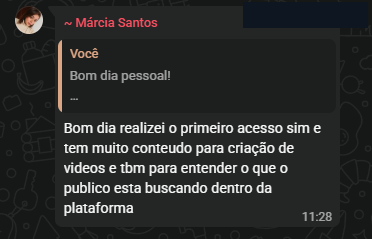 Depoimento de Márcia Santos no WhatsApp sobre o conteúdo para criação de vídeos