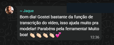 Depoimento de Jaque no WhatsApp elogiando a função de transcrição do vídeo